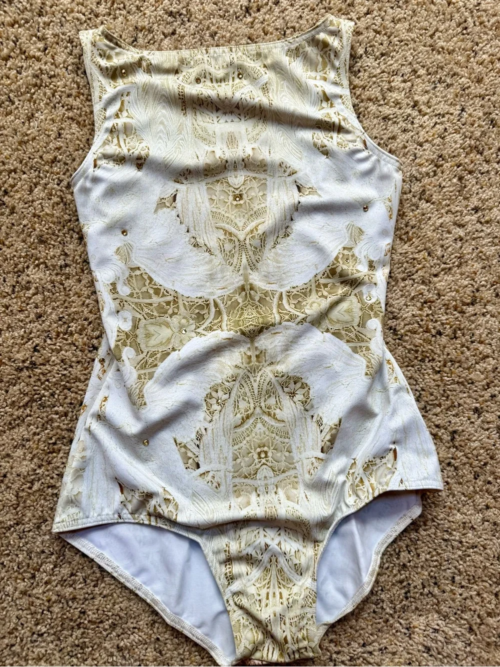 Balera LC Lyrical Dance Costume Ivory Gold Lace Leotard Taupe Skirt Contemp